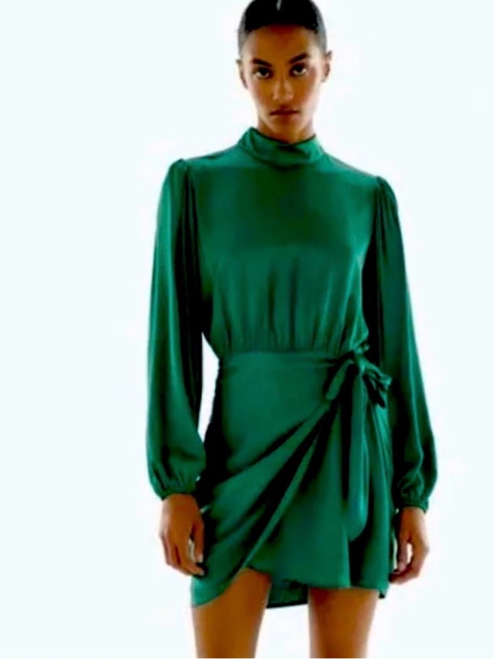 Zara Emerald Green High-Neck Long-Sleeve Wrap Mini Dress